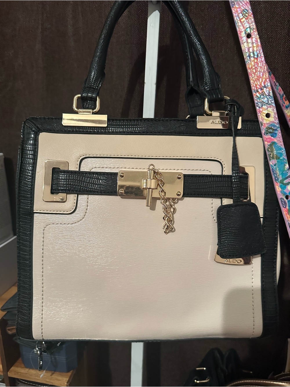ALDO Black and Cream Lock-Accent Structured Satchel
